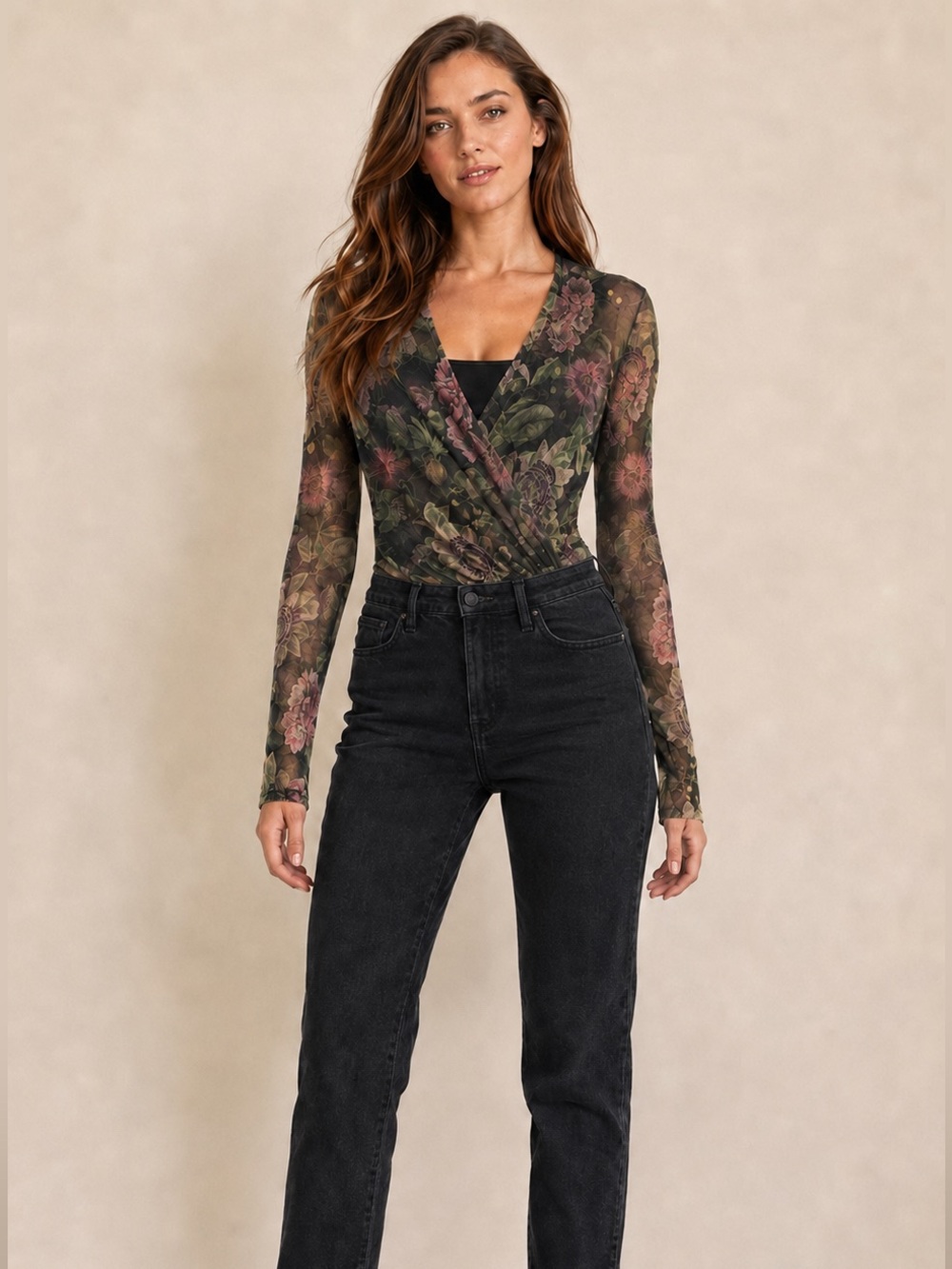 Sandra Weil Floral Mesh Wrap Bodysuit Long Sleeve Size 8